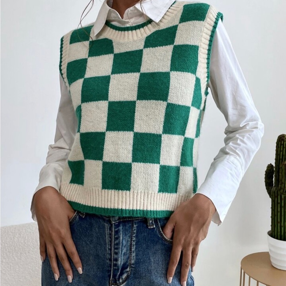 Green and Cream Checkered Sweater Vest